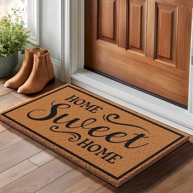 Barnyard Designs Natural Coco Coir Heavy Duty Backing Doormat - Large Cute Non-Slip Front Door Welcome Mat for Outside Entrance or Porch Entry, Brown (17x30, Home Sweet Home)-Ruum Studio Home