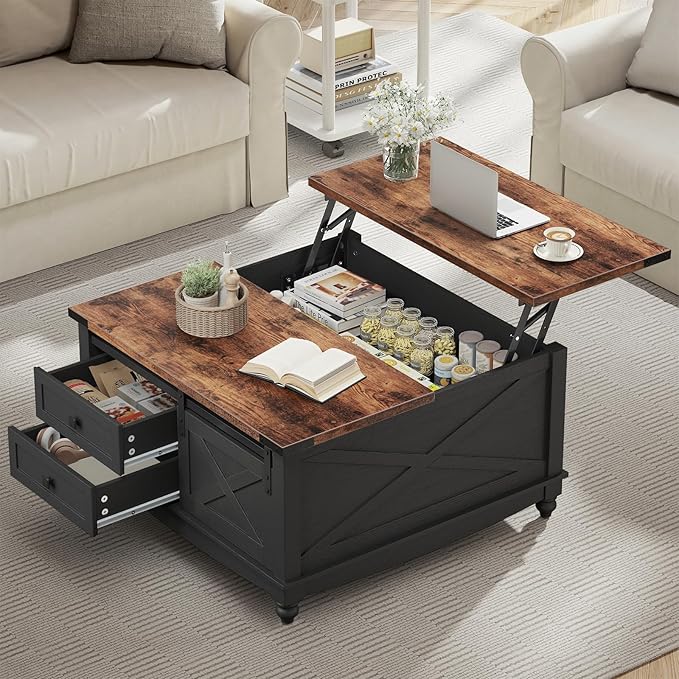 31.5" Lift Top Coffee Table with Storage, Farmhouse Coffee Tables for Living Room, Square Coffee Table with Large Hidden Storage Compartment, 2 Drawers & Removable Shelves, Black-Ruum Studio Home