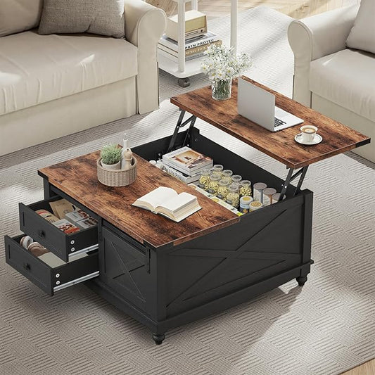 31.5" Lift Top Coffee Table with Storage, Farmhouse Coffee Tables for Living Room, Square Coffee Table with Large Hidden Storage Compartment, 2 Drawers & Removable Shelves, Black-Ruum Studio Home
