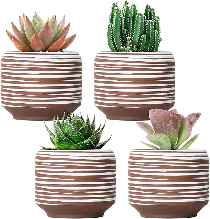 Mini Succulent Planter Set – 3.7 Inch Ceramic Pots with Drainage for Indoor Plants, Small Decorative Flower Pots for Cactus and House Plants, Set of 4-Ruum Studio Home