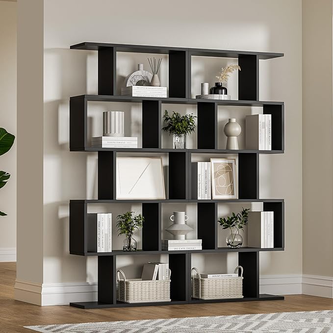 Black 5-Tier Geometric Bookcase, S-Shaped Modern Bookshelf Set of 2, 62.6" Tall Room Divider Book Shelf, Decorative Display Shelf-Ruum Studio Home