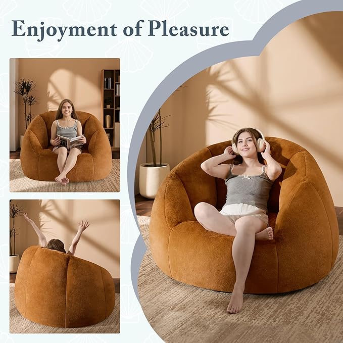 Giant Bean Bag Chair for Adults - Comfy Plush Round Shell Soft Reading Chair, Oversized Cozy Lounge Floor Sofa Accent Chair, Mini Couch for Living Room, Bedroom & Game Rooms, Orange-Ruum Studio Home