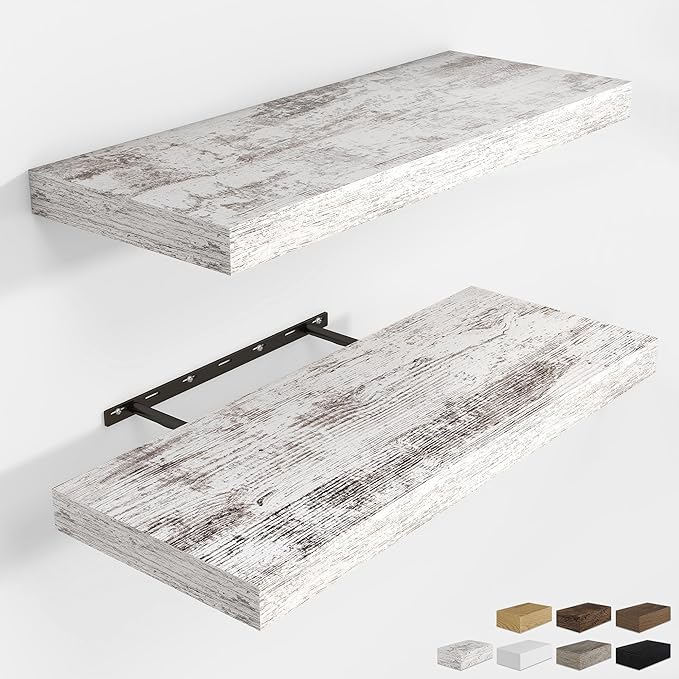 RICHFOCUS 24Inch Floating Shelves for Wall 2 Pack Shelves for Bedroom|Kitchen|Bathroom Wall Mounted Rustic Distressed Wood Floating Shelf with Invisible Brackets for Books|Storage|Decor, Rustic-Ruum Studio Home