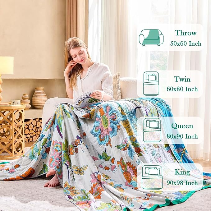 Summer Throw Blanket, 90"x98" Reversible Bohemian Flower Blanket, 100% Cotton Muslin Breathable Woven, Farmhouse Decorative Throw Blanket-Ruum Studio Home