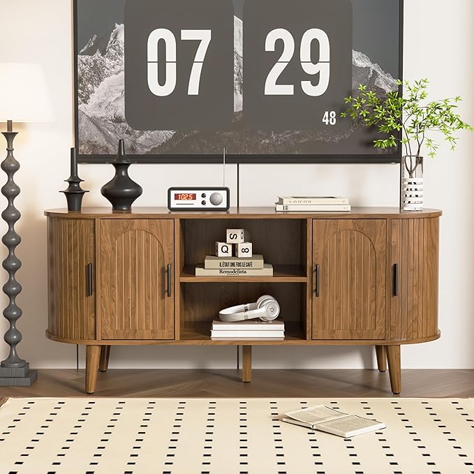 51" Fluted TV Stand, Mid-Century Modern Entertainment Center for Tvs up to 60" with Drawers and Fluted Doors, Curved TV Media Console Table with Sliding Doors for Living Room, Bedroom (51")-Ruum Studio Home