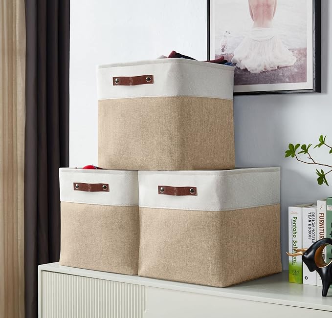 DECOMOMO Storage Cubes, 11x11 Cube Storage Bins, Baskets for Shelves (Beige & White, Cube 11" - 4 Pack)-Ruum Studio Home