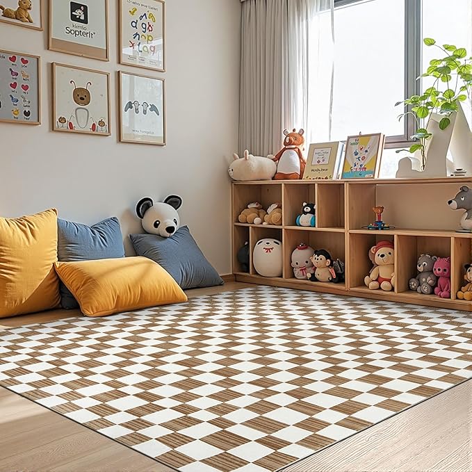 jinchan 6x9 Brown Checkered Area Rugs for Kids Room - Machine Washable Rug Modern Neutral Geometric Lattice Soft Non-Slip Carpet for Nursery Playroom Classroom Living Room Bedroom Home Office-Ruum Studio Home