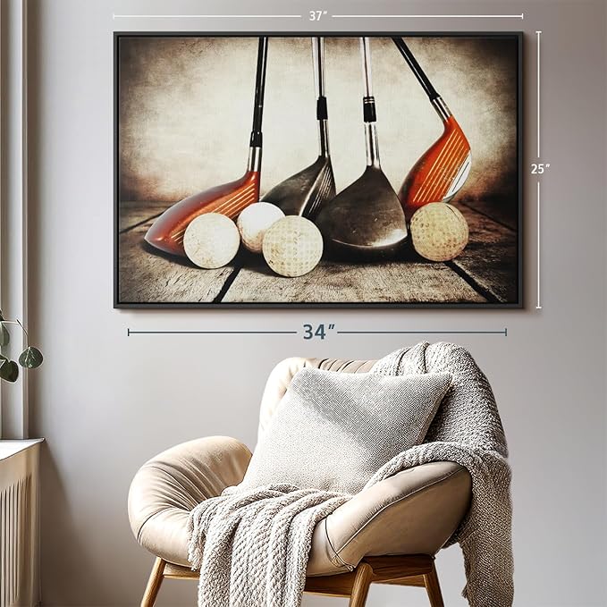Elephant Stock Golf Sets Wall Art - Horizontal Framed Canvas - 1-Piece Mancave Wall Decor - Photography Sports Canvas Print - Yellow and Brown Decor for Wall - 37" X 25"-Ruum Studio Home