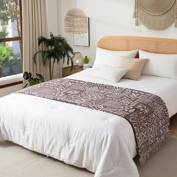 Boho Throw Blanket Twin Size, Soft Cozy Cotton Muslin Quilt Blanket for Bed Decor, Patchwork Block Couch Sofa Chair Cover, Vintage Farmhouse Cottage Tapestry Woven Blanket, Brown&White-Ruum Studio Home