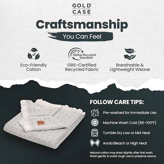 Gold Case Throw Blanket for Couch – 100% Recycled Turkish Cotton Blankets & Throws – Elegant Decorative Throw Blankets for Living Room Sofa – Woven Throws for Couch – Retro Grey – 50x60-Ruum Studio Home