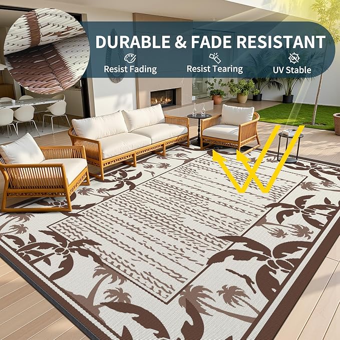 COCOER Outdoor-Rug 8x10 ft Waterproof Reversible Outdoor Plastic Straw Rug RV Indoor Outdoor Carpet Quick Dry Patio Rug Camping Mat for Balcony Backyard Picnic Beach-Brown&Beige-Ruum Studio Home