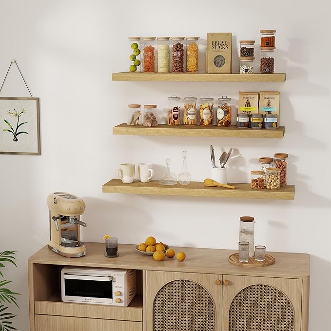 Floating Shelves Wall Shelf 40 Inch, 8 Inch Deep Floating Shelf for Wall, Farmhouse Black Wood Shelves Invisible Bracket for Living Room, Bedroom, Kitchen, 40 x 8 x 1.4 Inch, Set of 2, Oak Color-Ruum Studio Home
