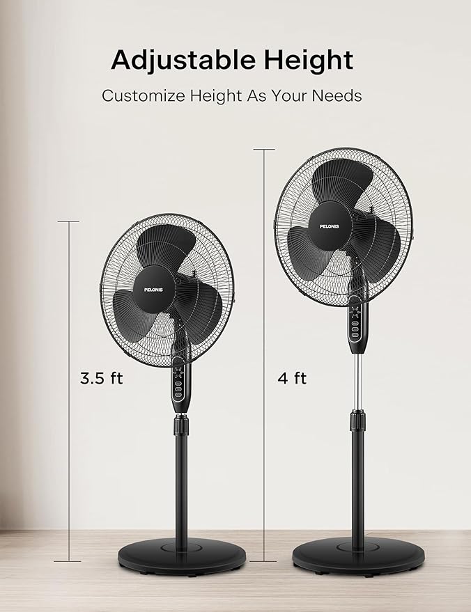 PELONIS 16'' Pedestal Fan for Bedoom, Remote, Standing Fan with 7-Hour Timer, 90° Oscillation, 3-Speeds, Adjustable Height, Electric Cooling Fans for Living Room and Office-Ruum Studio Home