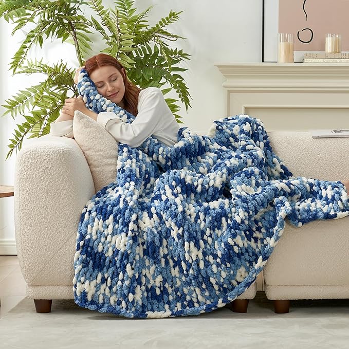 Amélie Home Chunky Knit Throw Blanket for Couch, Soft Chenille Crochet Blanket for Sofa, 50"x60", Space-Dyed Blue-Ruum Studio Home