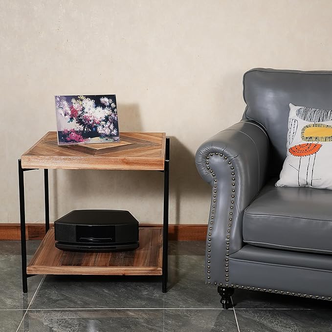 CONSDAN StoneCreek Solid Fir Wood Side Table - Metal Frame, 2-Tier End Table for Living Room/Bedroom/Office, 23" Square Night Stand, Accent Table-Ruum Studio Home