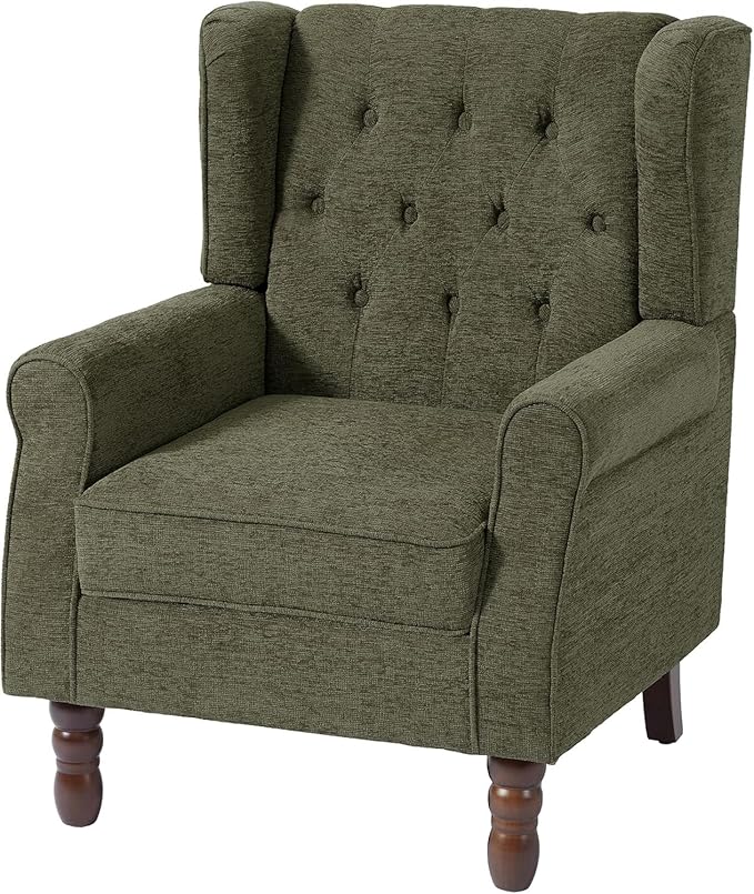 UIXE High Back Accent Chairs Set of 2, Upholstered Armchair in Fabric for Living Room, Retro Wingback Arm Chair Comfy Single Sofa Bedroom Reading Seat with Solid Wood Legs - Green-Ruum Studio Home