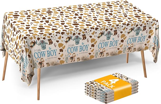 ATFUNSHOP Cowboy Baby Shower Tablecloth 4 Pack 54X108 A Little Cowboy is On The Way Western Theme Table Cover, Rustic Baby Boy Rodeo Party Decorations-Ruum Studio Home