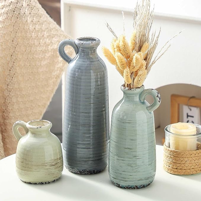 Ceramic Vase Set of 3 | Neutral Vase Home Decor with Handle | Pottery Modern Farmhouse Vases Pampas Grass Flower Vases for Home Decor Table Living Room Centerpieces Mantel Decor - Multicolor-Ruum Studio Home