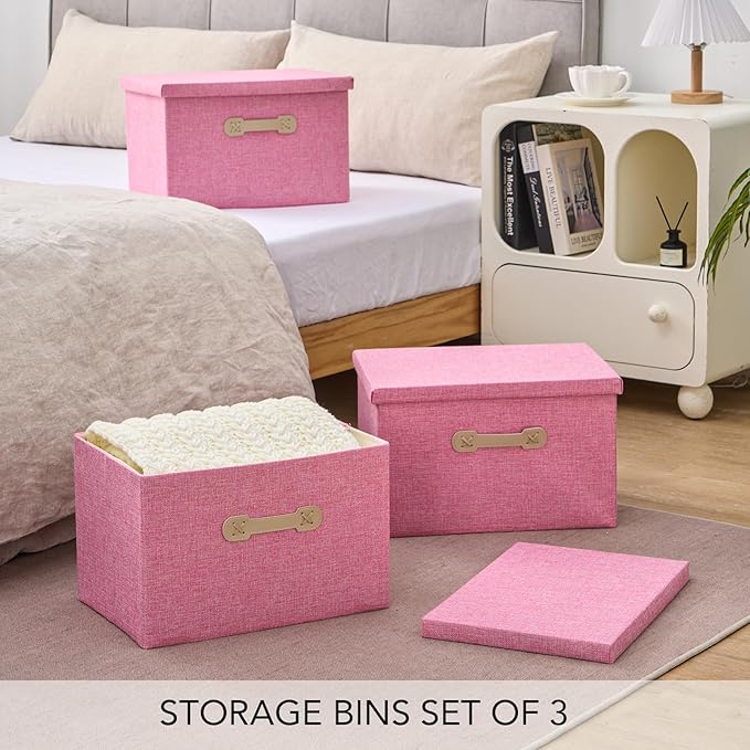 Enzk&Unity Decorative Storage Bins with Lids, Fabric Linen Foldable Storage Box with Handle Home Organizer for Shelf, Closet, Bedroom, Living Room, Office, 3 Packs, Pink-Ruum Studio Home