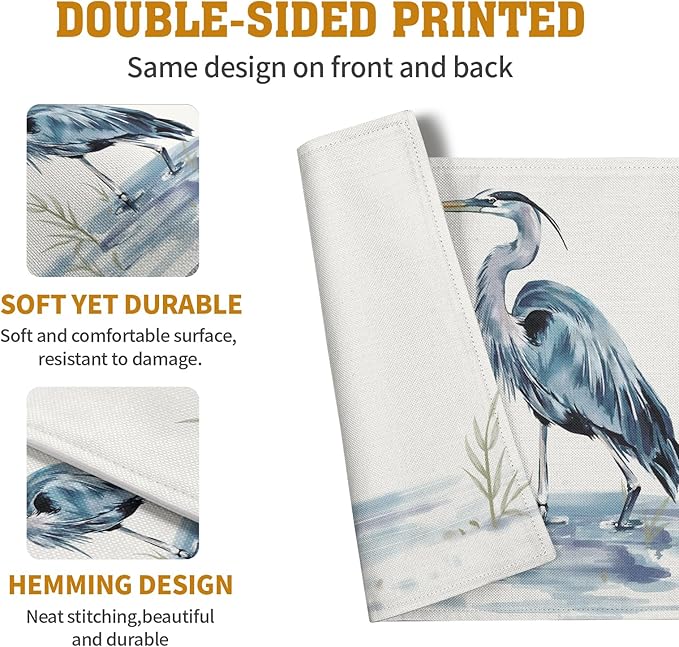 Coastal Placemats Set of 4 Summer Ocean Heron Place Mats 12x18 Inch Nautical Beach Sea Bird Pelican Table Mat Heat Resistant Non Slip Washable Linen Fabric Kitchen Dining Placemat-Ruum Studio Home