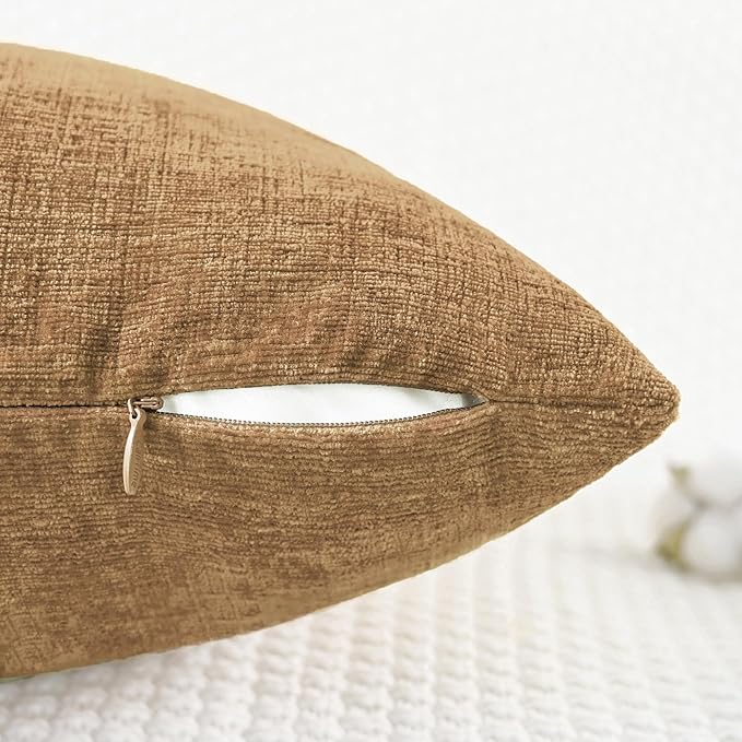 CaliTime Throw Pillow Covers Decorative 18 X 18 Inches Pack of 4 Cozy Chenille Cushion Cases for Couch Sofa Bed Living Room Home Apricot Brown-Ruum Studio Home