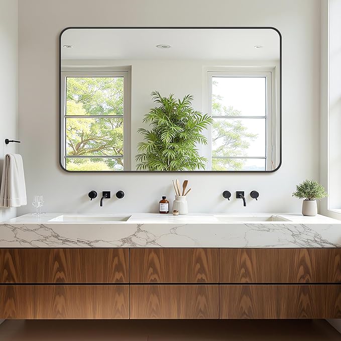 Bathroom Mirror 55" x 36", Large Rectangle Wall Mirror, Black Metal Frame Wall Mounted Mirrors for Bathroom, Vanity, Bedroom, Entryway Decor(Horizontal/Vertical)-Ruum Studio Home