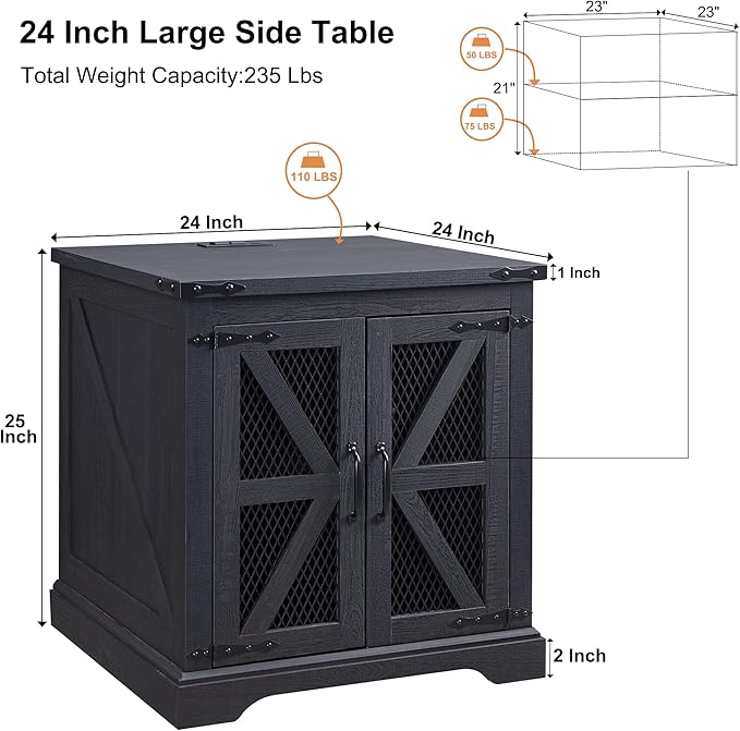 JXQTLINGMU Farmhouse End Table, 24" Large Sofa Side Table with Charging Station, Mesh Barn Door, and Adjustable Storage Shelf, Rustic Wood Square Nightstand for Living Room, Bedroom, Office, Black-Ruum Studio Home