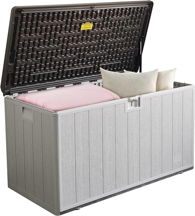 110 Pro Gallon Resin Deck Box, Waterproof Outdoor Storage Bin for Patio, Poolside, and Garden, Lockable & UV-Resistant, Ideal for Small Spaces, Coffee-Ruum Studio Home