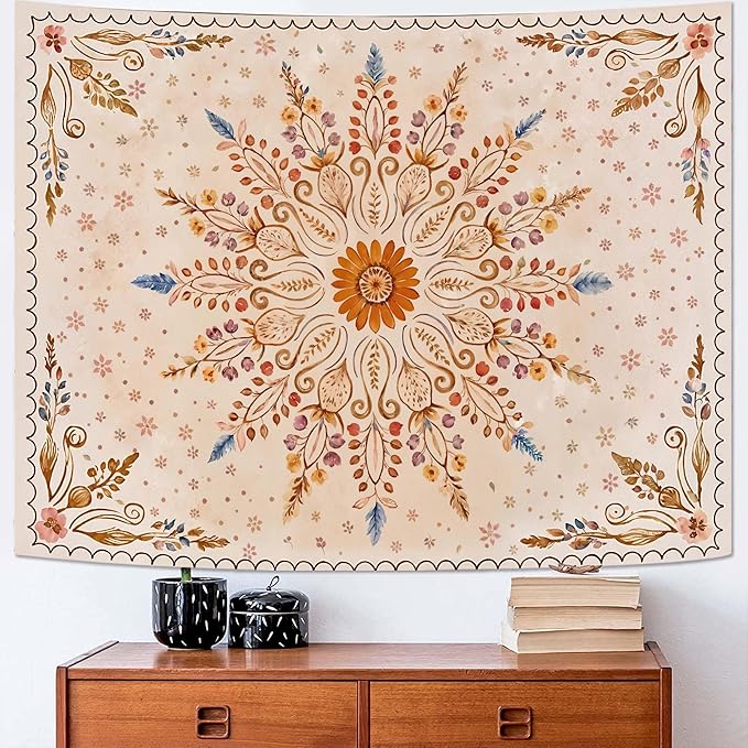Fowocu Boho Floral Mandala Tapestry for Bedroom Aesthetic Watercolor Bohemian Flower Wall Tapestry Brown Beige Hippie Indian Tapestries Wall Hanging for Living Room Dorm Decor 60 x 44 Inch-Ruum Studio Home