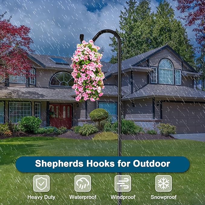 Gtongoko Shepherds Hook for Outdoor, 76 Inch Bird Feeder Pole with 7 Prongs Base, 3/4 Inch Thick Heavy Duty Adjustable Garden Hook for Hanging Plant, Hummingbird Feeder, Lantern, 2 Pack-Ruum Studio Home