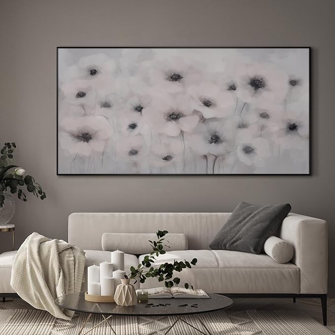 24"x46" Extra Large Framed Wall Art Soft White Poppies Watercolor Floral, Delicate Botanical for Home Living Room Bedroom Decor (Frame Assembly Required)-Ruum Studio Home