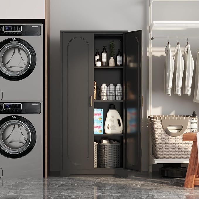 Metal Kitchen Storage Cabinets,60”Pantry Cabinet with Doors and 4 Adjustable Shelves,Tall Black Cabinet for Pantry, Laundry Room,Living Room,Dinning Room-Ruum Studio Home