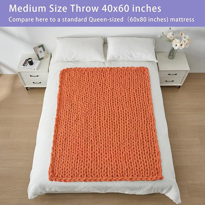 Bigacogo Chunky Knit Throw Blanket for Couch, 40x60 inches, 100% Hand Knitted with Thick Jumbo Chenille Yarn, Cozy Soft Large Rope Knot Cable Crochet Blankets for Sofa Bed Living Room, Terracotta-Ruum Studio Home