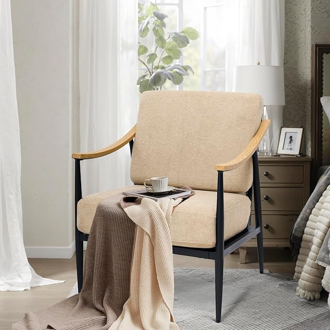 Modern Accent Chair for Living Room Bedroom Mid Century Arm Chair Upholstered Office Accent Chair Comfy Waiting Room Chair with Metal Frame, Khaki-Ruum Studio Home
