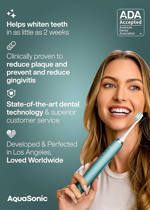 Aquasonic Vibe Series Ultra-Whitening Toothbrush – ADA Accepted Power Toothbrush - 8 Brush Heads & Travel Case – 40,000 VPM Motor & Wireless Charging - 4 Modes w Smart Timer – Mint Green Metallic-Ruum Studio Home