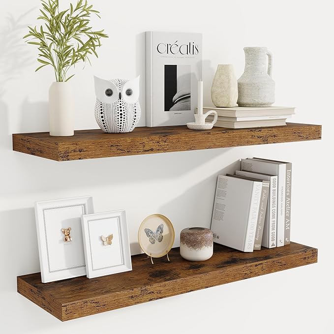 Fun Memories Floating Shelves for Wall, 32 Inch Rustic Wood Wall Mounted Shelves for Bathroom, Bedroom, Kitchen, Living Room, Deep Floating Shelves for Storage & Home Decor (Brown,Set of 2)-Ruum Studio Home