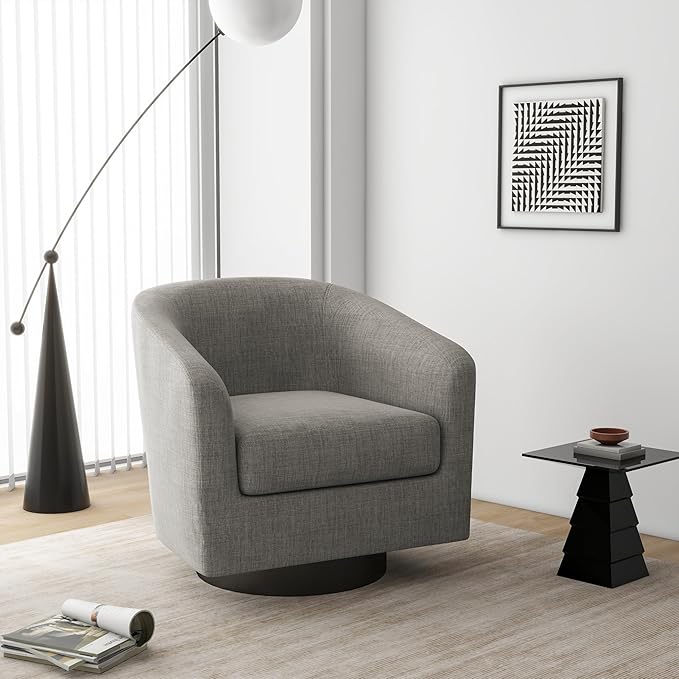 Swivel Barrel Accent Chair, Modern Round Linen Arm Chair for Living Room, Bedroom, Comfy Club Reading Chairs for Adults（Linen Fabric, Khaki, Set of 1-Ruum Studio Home