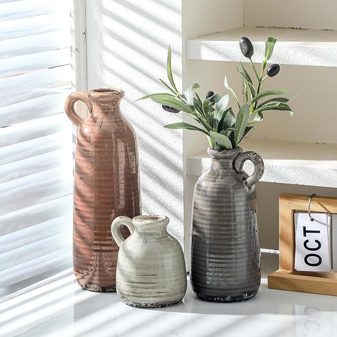 Ceramic Vases Set of 3, Neutral Rustic Farmhouse Vase with Handle, Decorative Flower Vases Home Decor Modern Boho Pampass Vase for Table Mantel Entryway Shelf Living Room Kitchen Bathroom - Brown-Ruum Studio Home