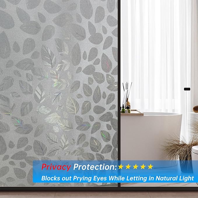 Frosted Glass Window Privacy Film Decorative, Bathroom Privacy Film for Glass Windows Cover, Static Cling, Removable, Reusable, Anti-UV, Anti-Glare, Heat Blocking,（Leaf White 17.5X78.7Inch）-Ruum Studio Home