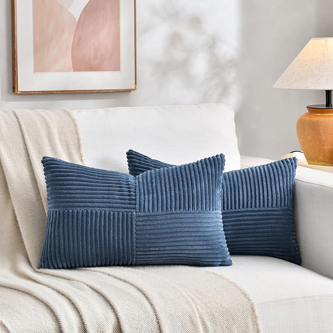 Fancy Homi 2 Packs Dusty Blue Lumbar Decorative Throw Pillow Covers 14x24 Inch for Couch Bed Sofa, Rustic Farmhouse Boho Home Decor, Soft Striped Corduroy Rectangle Accent Cushion Case 35x60 cm-Ruum Studio Home