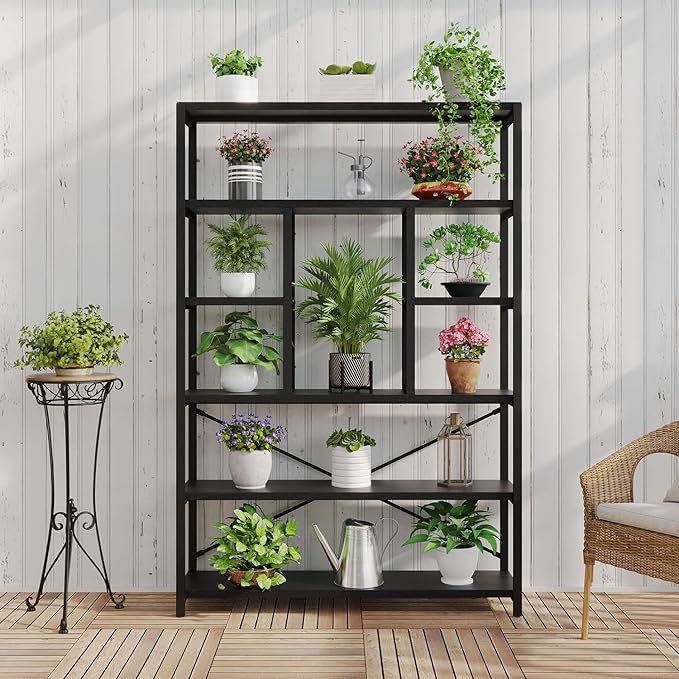 LVB 6 Tier Tall Black Bookshelf, Modern Large Wide Book Rack Storage, Industrial Wood Metal Etagere 6 Shelf Bookcase, Farmhouse Open Display Book Shelf Organizer for Bedroom Living Room Office, Black-Ruum Studio Home