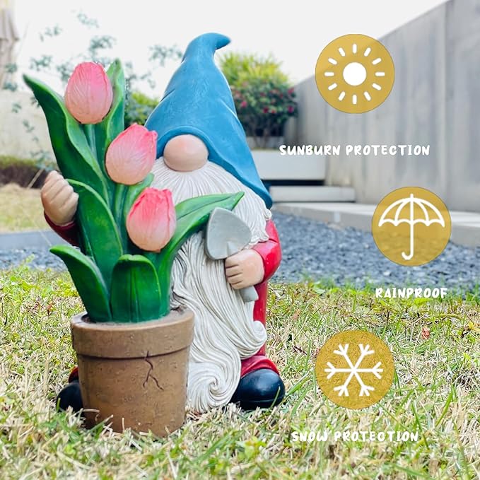 COWOS Garden Gnome Statue, Sculpture of a Dwarf Holding a Shovel and a Flower Pot, Solar Gnome Statues Outdoor Decor, Outside Lawn Patio Yard Ornament Gifts-Ruum Studio Home