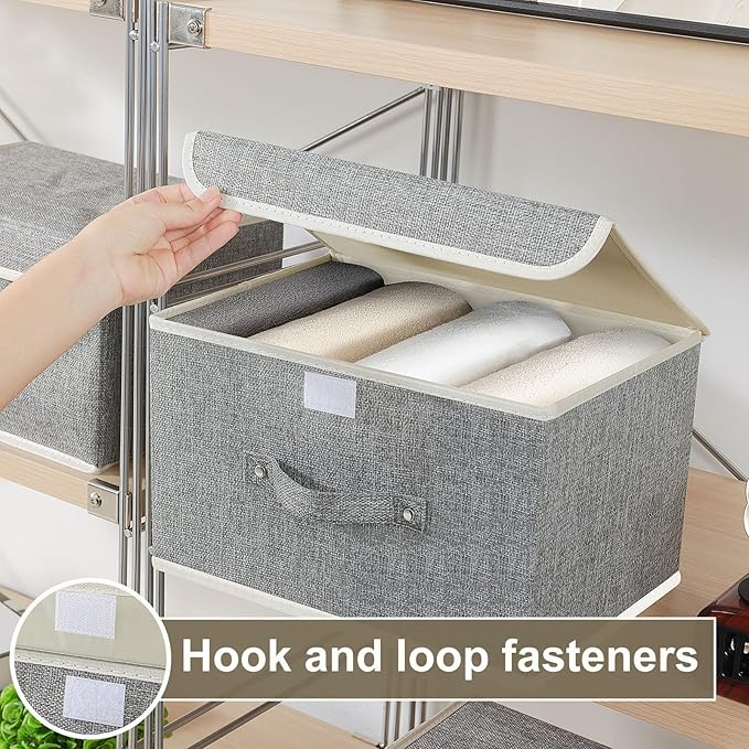 Storage Boxes, Collapsible Storage Bins with Lids, Cotton and linen cloth Storage Baskets with Handle, for Books, Closet, Bedroom, Home, 13x9.1x7.9 in, Grey-Ruum Studio Home
