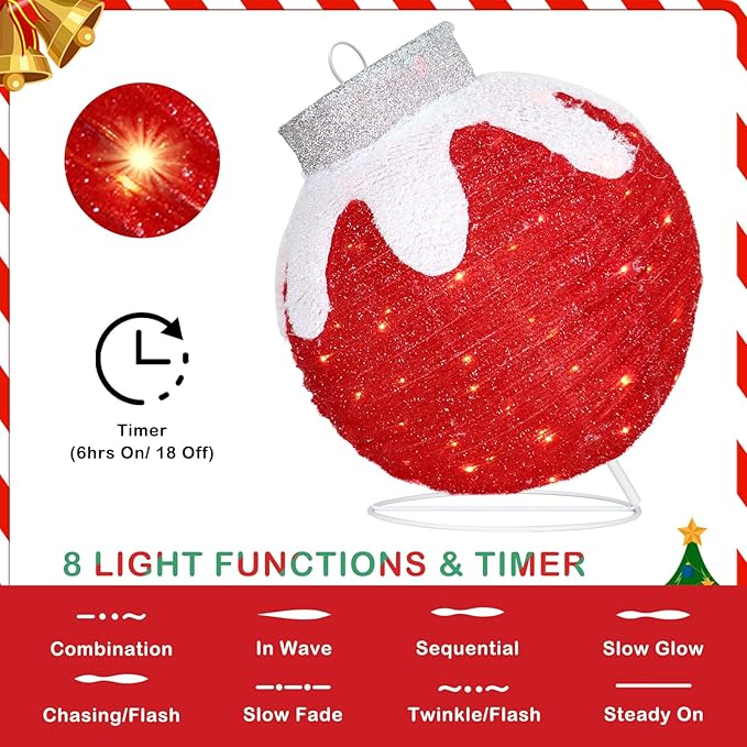 BRIGHTDECK Outdoor Christmas Ornaments, Lighted Pop-Up Outdoor Holiday Ball Decoration with 80 LED Lights, 8 Light Modes, Lighted Collapsible Holiday Decorations for Yard, Home (Red)-Ruum Studio Home