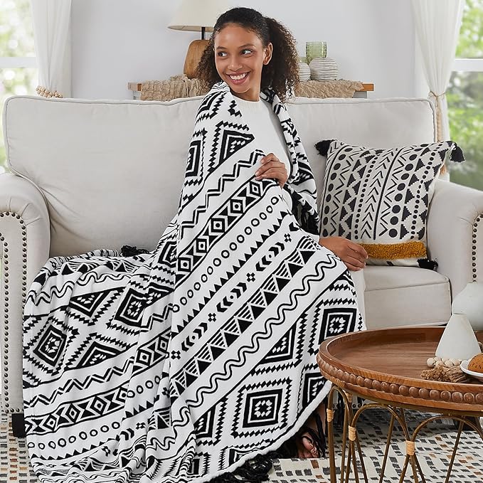 CASAAGUSTO Boho Throw Blanket - Black and White Decorative Blankets with Tassel, Printed Flannel Bohemian Blanket for Chair, Bed, Sofa, Couch(50 * 60, Black and White)-Ruum Studio Home