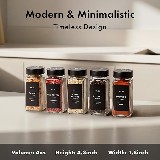 Glass Spice Jars with Label and Stainless Steel Lids (24 x 4oz) Spice Containers with 240 Labels, Shaker Inserts, Steel Funnel, Empty Square Empty Square Seasoning Organizer (Black)-Ruum Studio Home