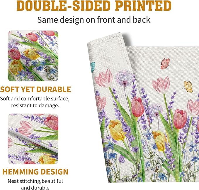Tulip Placemats Set of 4 Spring Summer Flowers Tulips Lavender Place Mats Watercolor Floral Dandelion Butterfly Non-Slip Heat Resistant Washable Linen Table Mats for Dining Table Kitchen Decor-Ruum Studio Home