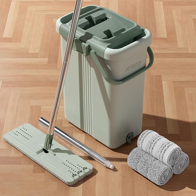 JOYMOOP Mop and Bucket with Wringer Set, Flat Squeeze Mop with Bucket (X-Large), Dust Mop for Wall Cleaner with Long Handle, Microfiber Mop - Green Bucket with 3 Reusable 15" Pads-Ruum Studio Home