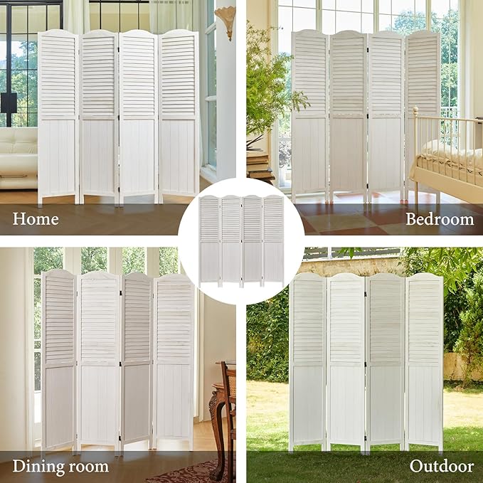 Room Partitions and Dividers, 68.9 Inch Temporary Wall with Double Hinges, Wooden Louver & MDF Stable Screens for Home Office Bedroom Coffeehouse Decoration (4 Panels, White-Washed)-Ruum Studio Home
