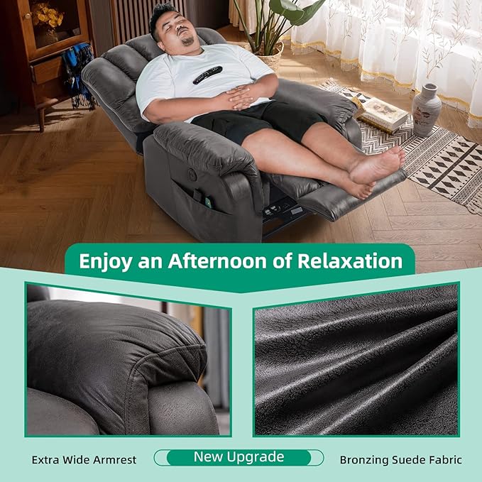 VIVIJASON Large Dual OKIN Motor Lay Flat Sleeper Lift Recliner Chair with Heat & Massage for Elderly, Infinite Position Electric Power Recliner with 2 Remote Controls, Side Pockets & USB Ports, Gray-Ruum Studio Home